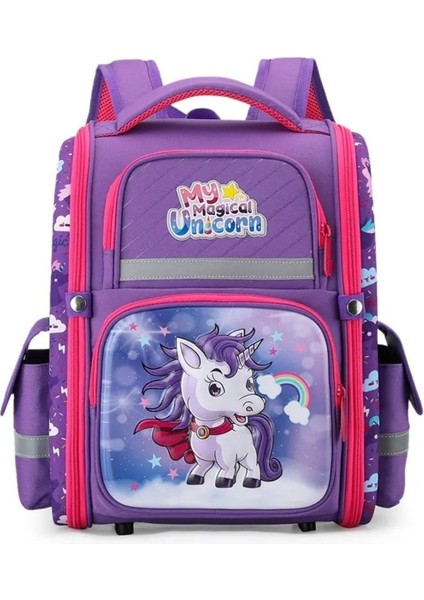 Suya Dayanıklı Unicorn Ortopedik Kolej Çantası Back To School Tekstil Kumaş Unicorn Hayır Mor Tek E