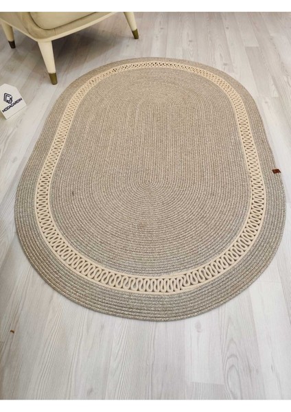 Jüt Hasır Görünümlü Desenli Modern El Örgüsü Oval Halı Kilim