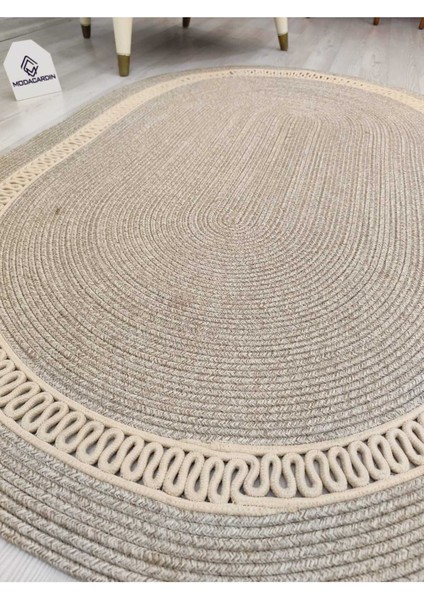 Jüt Hasır Görünümlü Desenli Modern El Örgüsü Oval Halı Kilim