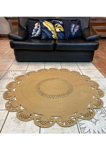 Jüt Hasır El Örgüsü Halı Kilim Yıkanabilir Çift Taraflı Yuvarlak