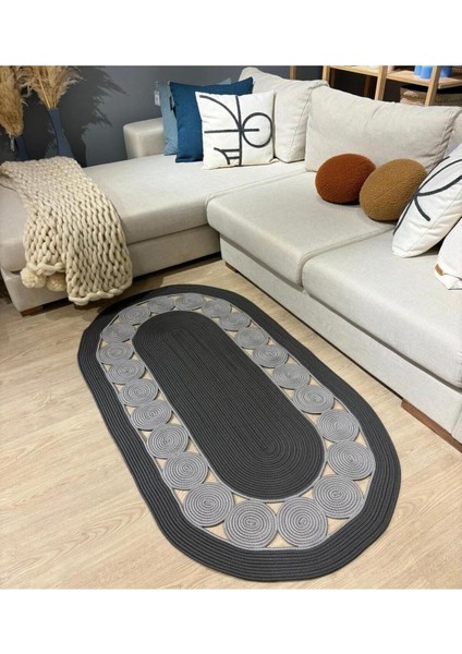 Jüt Hasır El Örgüsü Halı Kilim Yıkanabilir Çift Taraflı Oval