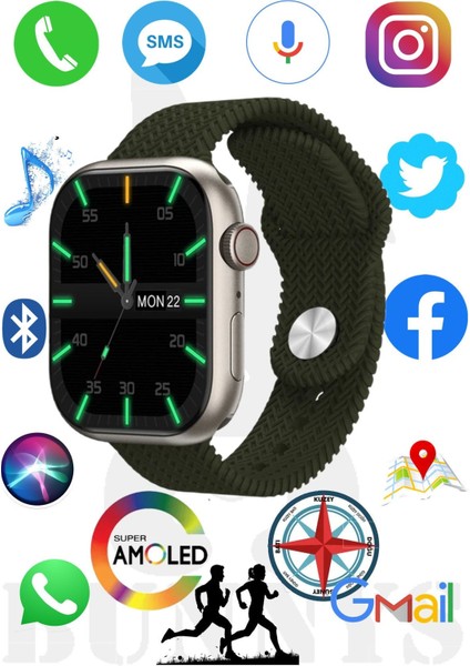 Kırmızı Poco M4 Uyumlu Akıllı Saat Konuşma Özellikli Watch 9 Pro 45MM Amoled Ekran Gümüş 2 Yıl Yeşi