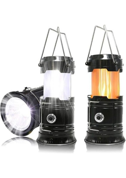 Alev Efektli Kamp Lambası Güneş Enerjili Şarj Edilebilir USB Powerbank Özellikli Gece Lambası Alev Efektli Lamba