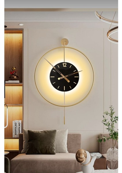 (Büyük Boy - 50*75 cm)Metal Timelles Gold (Pilli LED ) Siyah Göbek - (Quartz Mekanizmalı) Modern Metal Duvar Sa
