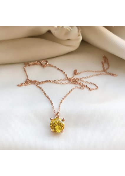 Minik Tektaş Sitrin Taşlı Rose Gümüş Kolye