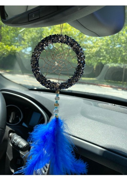 Mavi Taşlı Tüylü Araç Içi Dikiz Aynası Süsü 01