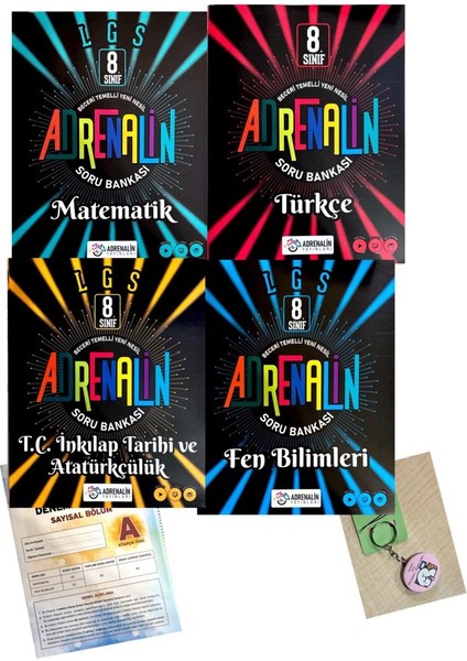 Adrenalin Yayınları 8. Sınıf Adrenalin Matematik Soru Bankası - Türkçe Soru Bankası - İnkılap Soru Bankası - Fen Bilimleri Soru Bankası 4'lü Set + Deneme - Açacaklı Anahtarlık