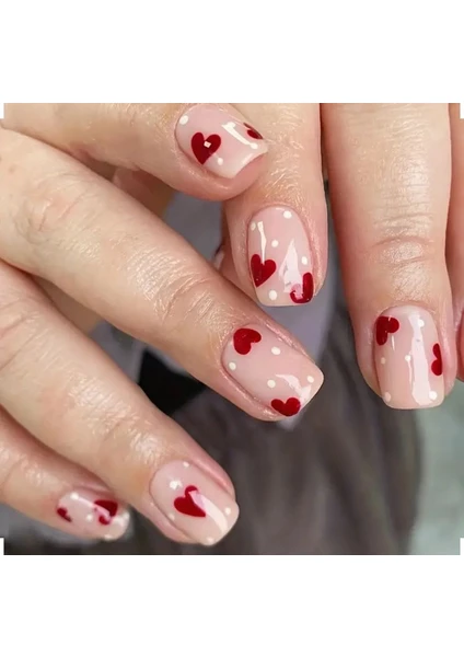 Trend Vitrin Kadın Kare Küt Kısa Jel Görünümlü Kalp Desenli Nail Art Pembe Takma Tırnak Güçlü Yapışkanlı YILBAŞI KONSEPT HEDİYE