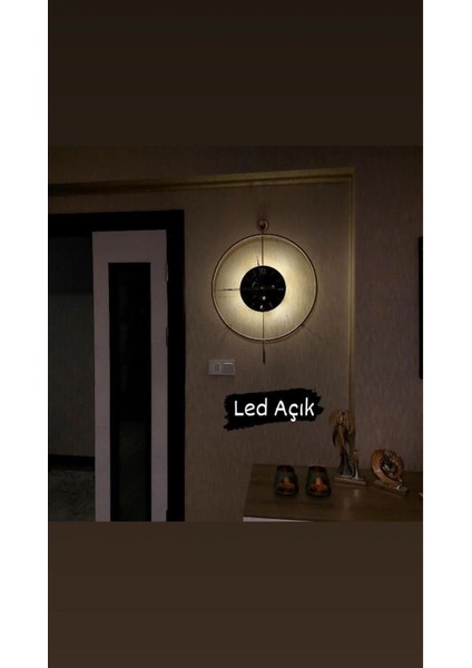 (Büyük Boy-50*75 cm) Timelles Gold (Pilli Led) Siyah Göbek-(3 Pil ile Gelmektedir )Dekoratif Metal Duvar Saati