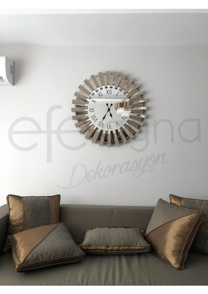 90 x 175 Piyano-Bronz Ayna Duvar SAATİ-65CM Yuvarlak Metalik Modern