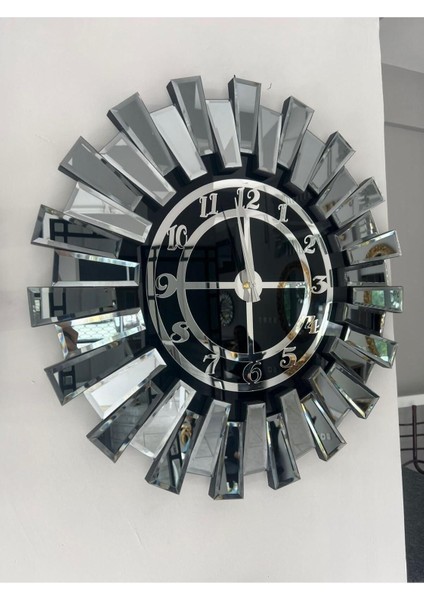 Ahşap Art Mirror Elite Piyano Aynalı Saat 60CM Gümüş Modern Yuvarlak