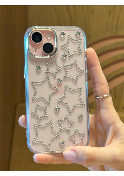 iPhone 15 Plus Uyumlu Gümüş Yıldızlı Şeffaf Kılıf