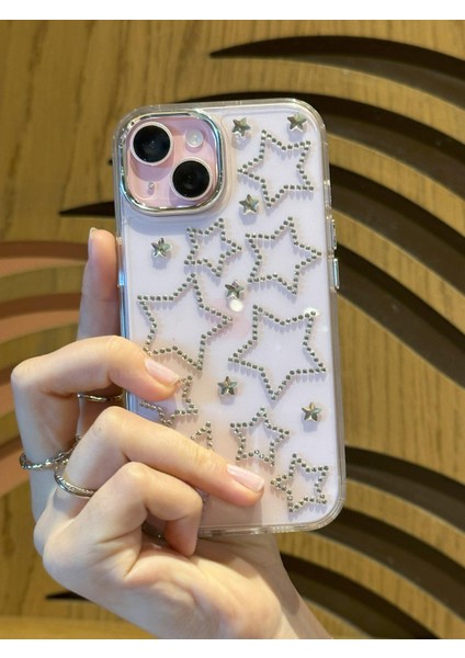iPhone 14 Plus Uyumlu Gümüş Yıldızlı Şeffaf Kılıf