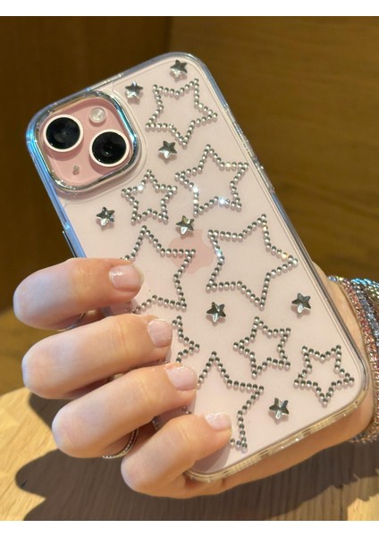 iPhone 14 Plus Uyumlu Gümüş Yıldızlı Şeffaf Kılıf
