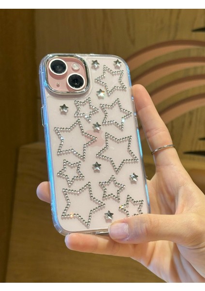 iPhone 14 Plus Uyumlu Gümüş Yıldızlı Şeffaf Kılıf