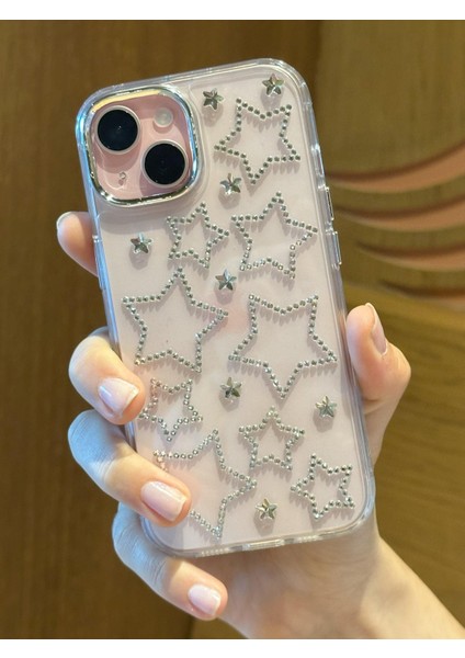 iPhone 15 Plus Uyumlu Gümüş Yıldızlı Şeffaf Kılıf