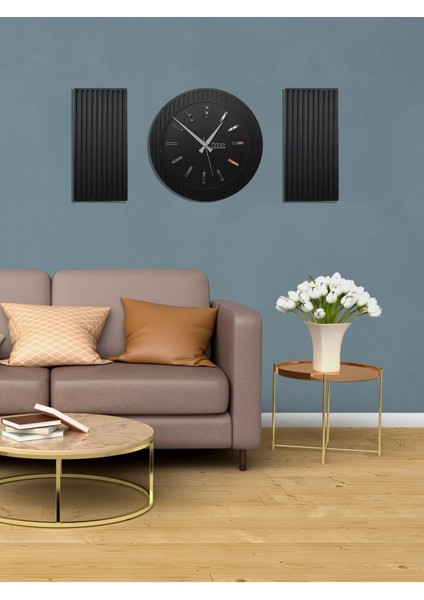 Modern Time Collection Rayon Black 3 Parça Daire Duvar Saat, (Siyah) Siyah 200