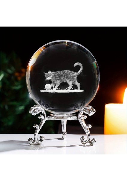 Dekoratif Metal Ayaklı Kedi Tasarımlı 3d Cam Küre 6cm