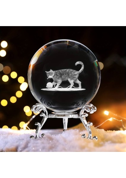 Dekoratif Metal Ayaklı Kedi Tasarımlı 3d Cam Küre 6cm