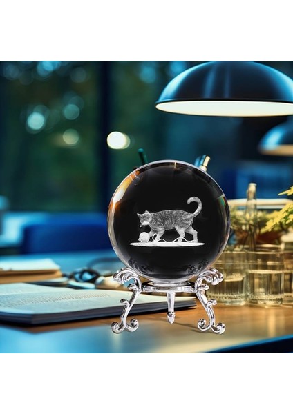 Dekoratif Metal Ayaklı Kedi Tasarımlı 3d Cam Küre 6cm