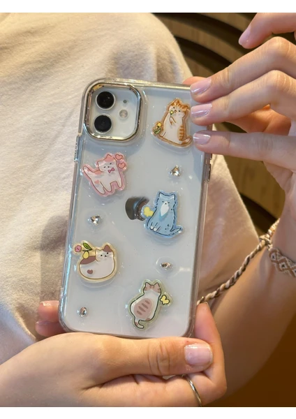 Paladyum Case iPhone 11 Uyumlu Sevimli Kedi Figürlü Simli Şeffaf Kılıf