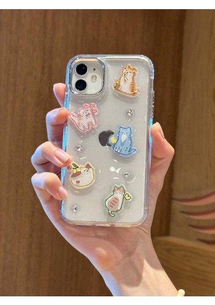 Paladyum Case iPhone 11 Uyumlu Sevimli Kedi Figürlü Simli Şeffaf Kılıf