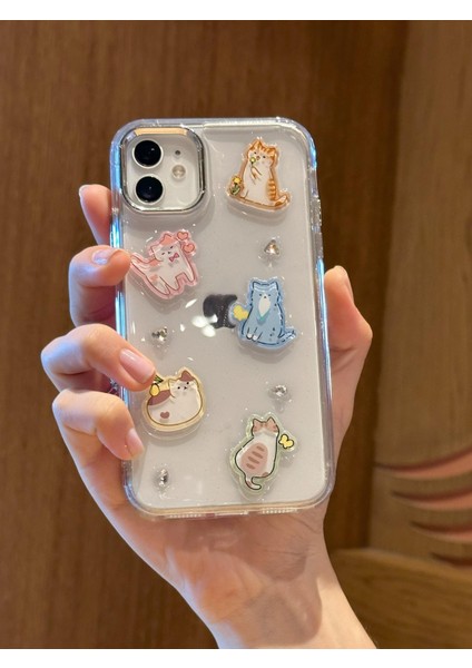 Paladyum Case iPhone 11 Uyumlu Sevimli Kedi Figürlü Simli Şeffaf Kılıf