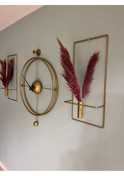 (Büyük Boy-50 x 75 cm) 3'lü Set Versayce Time Metal Duvar Saati Gold