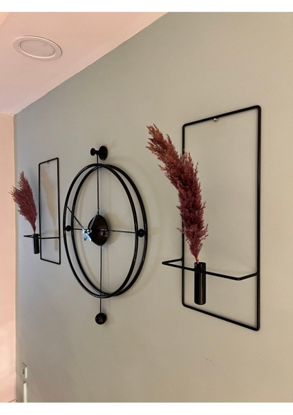 (Büyük Boy - 50*75 cm)3'lü Set Siyah Versacem Time Metal Duvar Saati