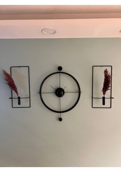 (Büyük Boy - 50*75 cm)3'lü Set Siyah Versacem Time Metal Duvar Saati