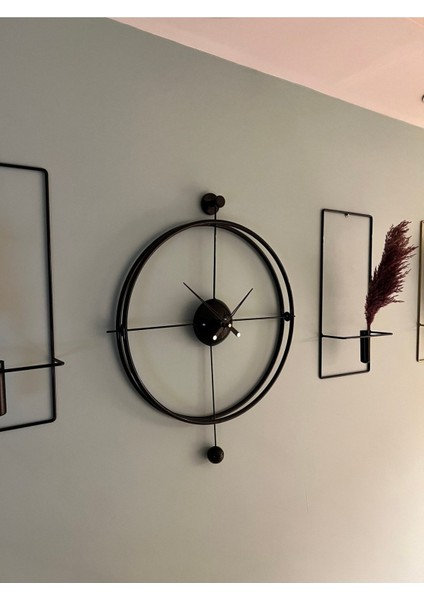 (Büyük Boy - 50*75 cm)3'lü Set Siyah Versacem Time Metal Duvar Saati