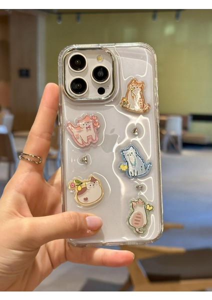 iPhone 15 Pro Max Uyumlu Sevimli Kedi Figürlü Simli Şeffaf Kılıf