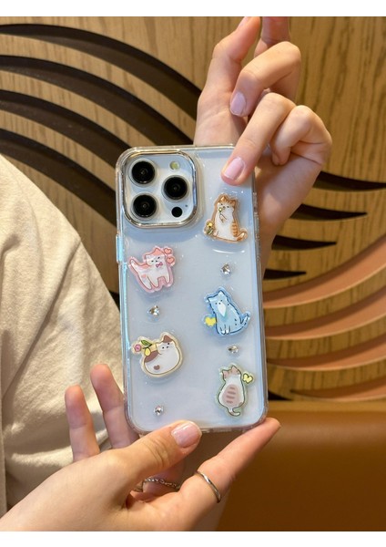 iPhone 15 Pro Max Uyumlu Sevimli Kedi Figürlü Simli Şeffaf Kılıf