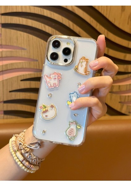 iPhone 15 Pro Max Uyumlu Sevimli Kedi Figürlü Simli Şeffaf Kılıf