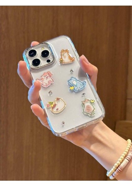 iPhone 15 Pro Max Uyumlu Sevimli Kedi Figürlü Simli Şeffaf Kılıf