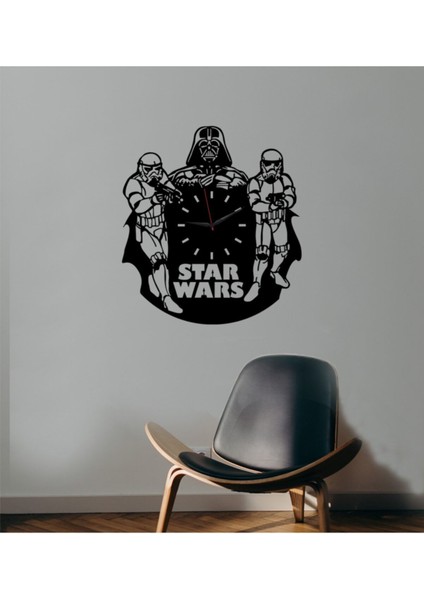 Siyah Star Wars Temalı Dekoratif Mdf Duvar Saati 40 x 35