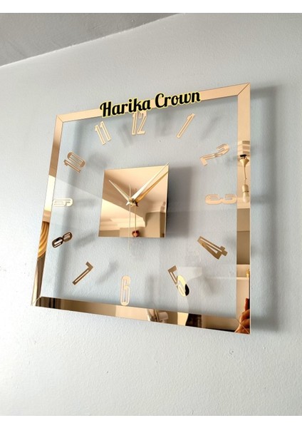 Modern Cam ve Aynalı Özel Üretim Duvar Saati (40 Cm) Altın Kare 40 x 40
