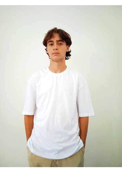 Erkek Pamuklu Nefes Alan Yumuşacık Oversize Basic Beyaz Tshirt