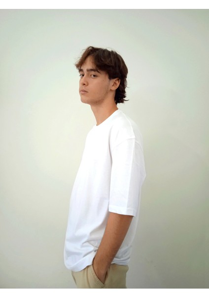 Erkek Pamuklu Nefes Alan Yumuşacık Oversize Basic Beyaz Tshirt