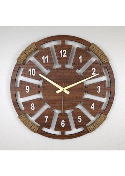 Kahverengi Ceviz Halatlı Dekoratif Ahşap Duvar Saati 50 cm HTSAAT1012 Ahşap