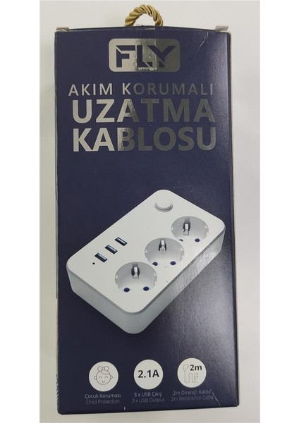 Fly 3406-01 3lü Anahtarlı 2.1A 3usb Şarj Çıkışı 2mt Anahtarlı Akım Korumalı Priz Çocuk Koruması