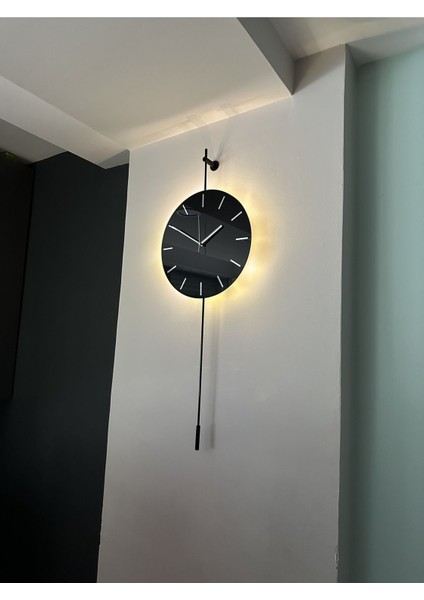 Yuvarlak Gravity Lighting Black - Pilli LED - Modern Dekoratif Metal Camlı Duvar Saati