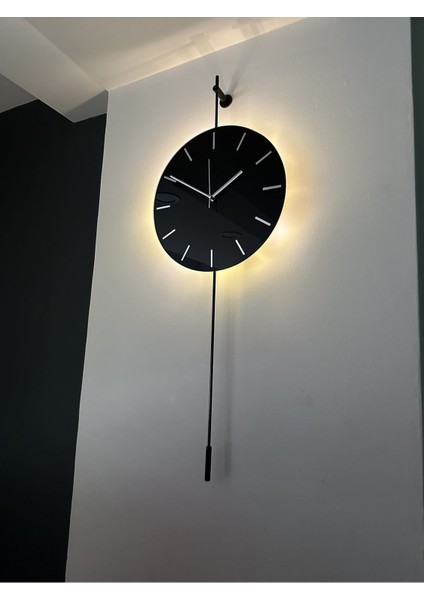 Yuvarlak Gravity Lighting Black - Pilli LED - Modern Dekoratif Metal Camlı Duvar Saati