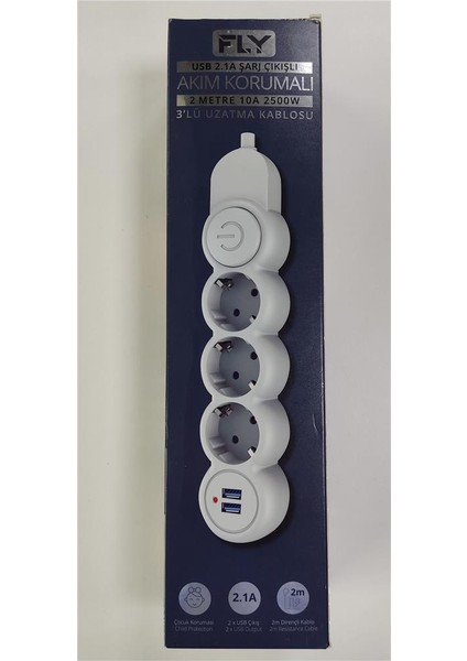Fly 3393-01 3lü 2mt 2.1A Anahtarlı 2usb Şarj Çıkışlı Akım Korumalı 2500W