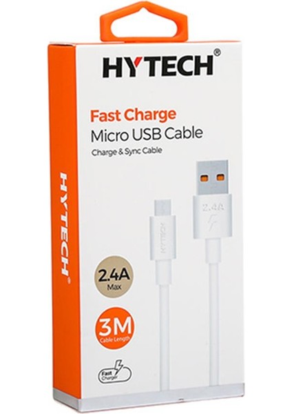 Hytech HY-X893 3m 2.4A USB To Micro USB Beyaz Data + Sarj Kablosu