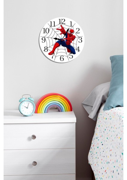 Yuvarlak Spiderman Örümcek Adam Çocuk Odası Duvar Saati 30 x 30 Ahşap Modern Çok Renkli