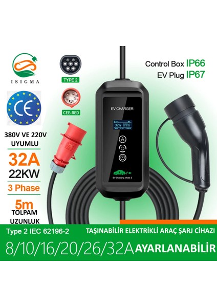 22Kw 32A 3 Faz Tip 2 Taşınabilir Şarj Aleti 5 m Ev Şarj Cihazı Elektrikli Cee Fişli, Değiştirilebilir Akım fiyatları