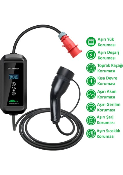 22Kw 32A 3 Faz Tip 2 Taşınabilir Şarj Aleti 5 m Ev Şarj Cihazı Elektrikli Cee Fişli, Değiştirilebilir Akım