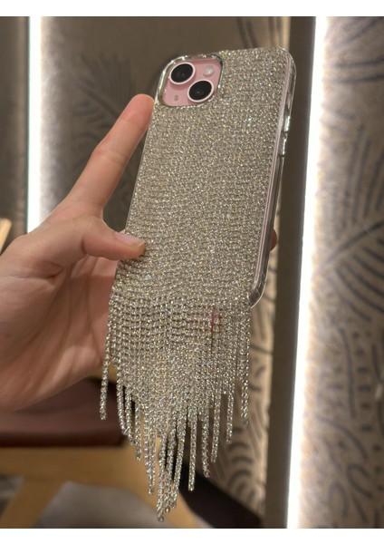iPhone 15 Uyumlu Lüks Gümüş Taşlı Püsküllü Kılıf