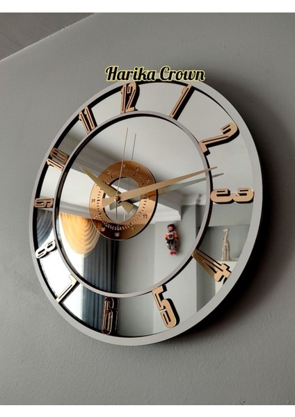 Yuvarlak Gerçek Aynalı Dekoratif Duvar Saati (50 Cm) 50 x 50 Altın Modern
